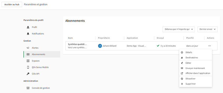 Les abonnements dans Qlik Sense Cloud