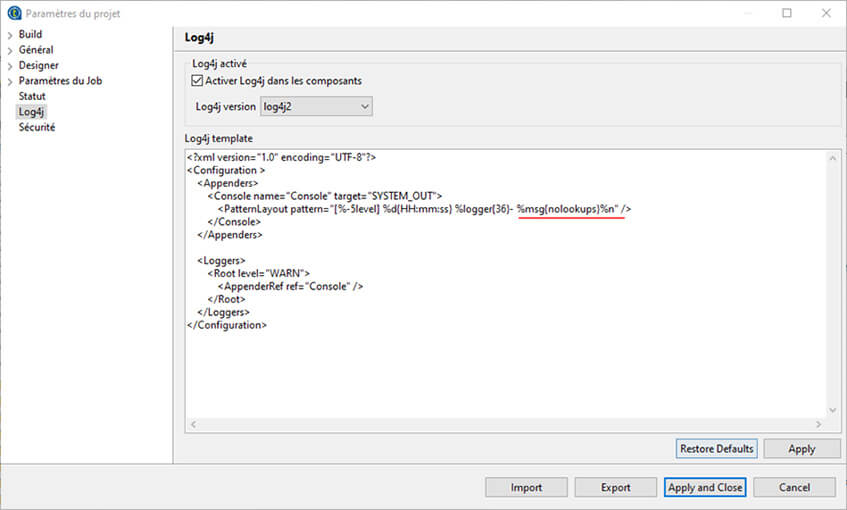 Vulnérabilité Apache Log4j 2 pour Talend